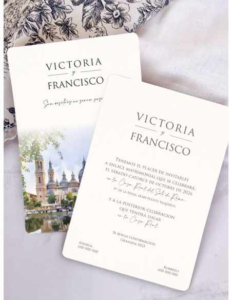 Invitación acuarela boda papel Basílica de Nuestra Señora del Pilar