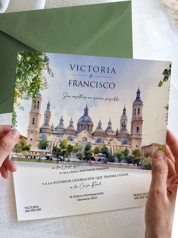 Invitación acuarela boda papel...
