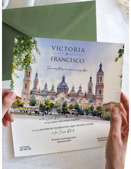 Invitación acuarela boda papel Basílica de Nuestra Señora del Pilar