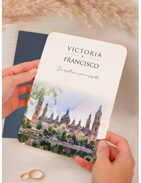 Invitación acuarela boda papel Basílica de Nuestra Señora del Pilar
