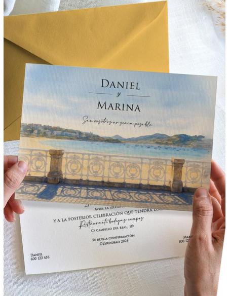 Invitación bonita boda papel Playa de la Concha