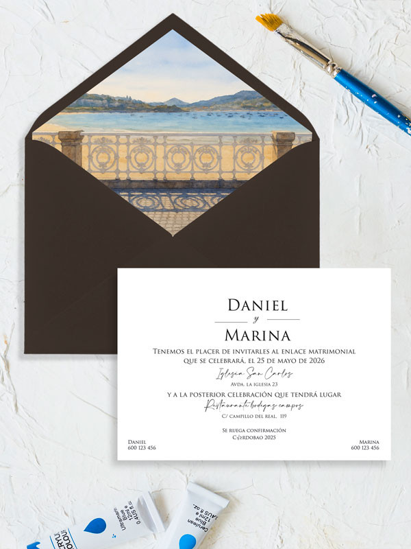 Invitación original boda papel Playa de la Concha