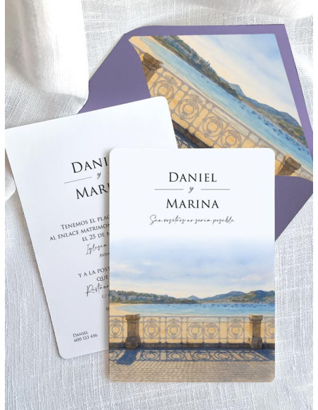 Invitación acuarela boda personalizada Playa de la Concha