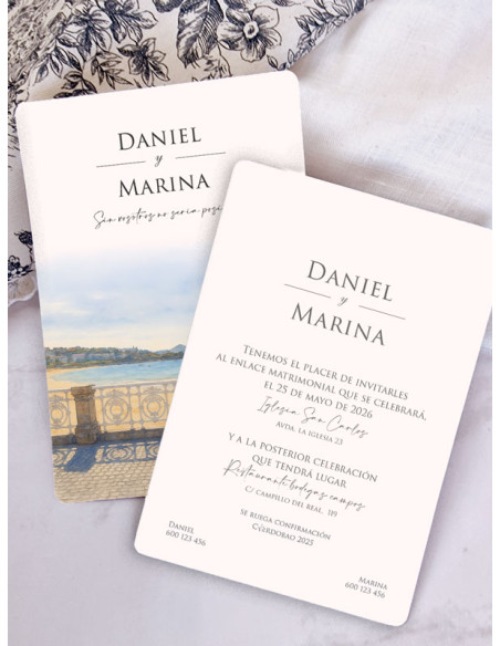Invitación acuarela boda papel Playa de la Concha