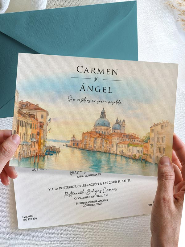 Invitación acuarela boda original Venecia