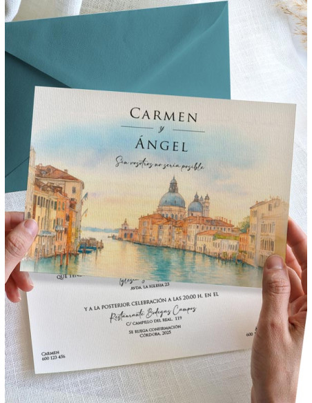 Invitación acuarela boda original Venecia