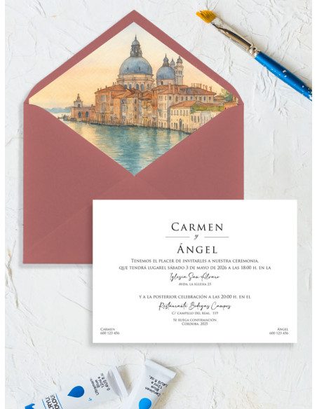 Invitación barata acuarela boda papel Venecia