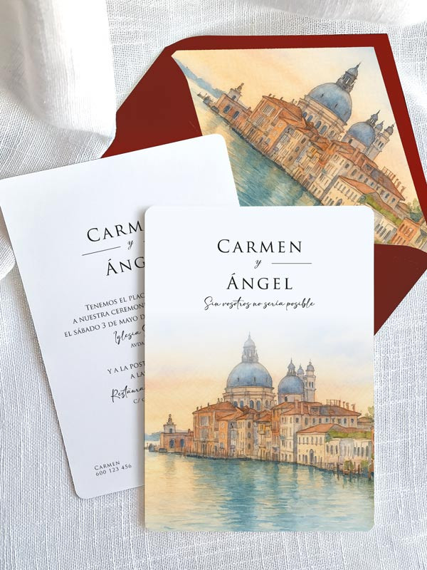 Invitación acuarela boda económica papel Venecia