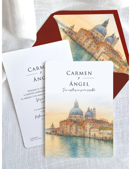 Invitación acuarela boda económica papel Venecia