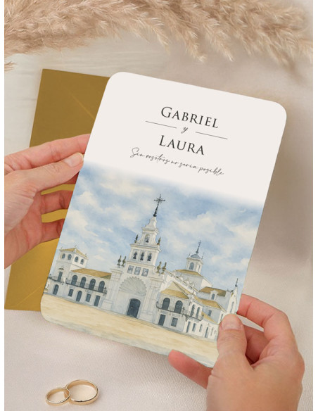 Invitación acuarela bonita boda papel Hdad del Rocío