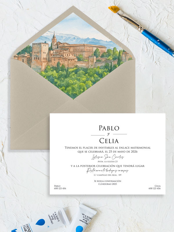 Invitación acuarela boda original Alhambra