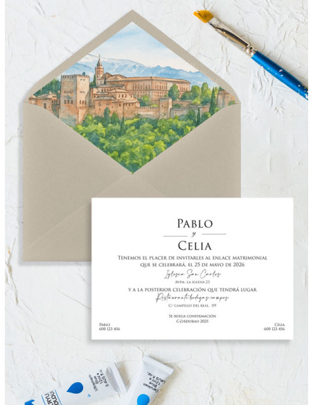 Invitación acuarela boda original Alhambra
