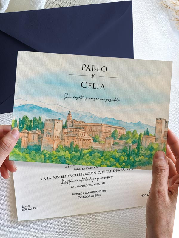 Invitación personalizada acuarela boda papel Alhambra