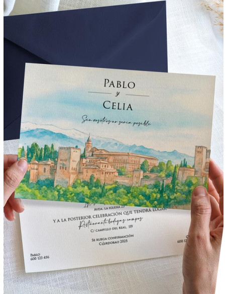 Invitación personalizada acuarela boda papel Alhambra