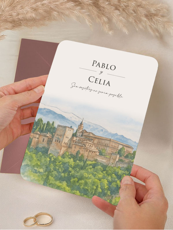Invitación bonita acuarela boda papel Alhambra