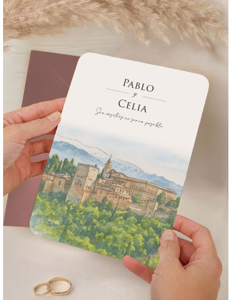 Invitación bonita acuarela boda papel Alhambra
