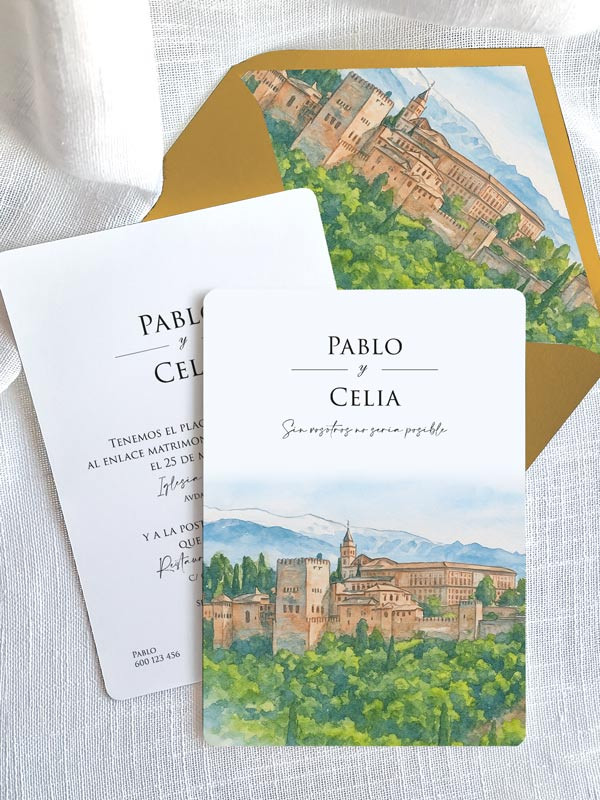 Invitación barata acuarela boda papel Alhambra