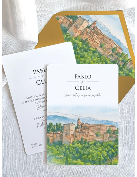 Invitación barata acuarela boda papel Alhambra