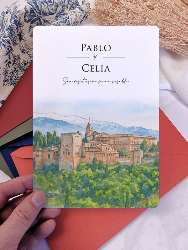 Invitación acuarela boda papel Alhambra