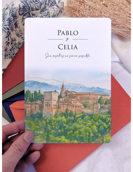 Invitación acuarela boda papel Alhambra