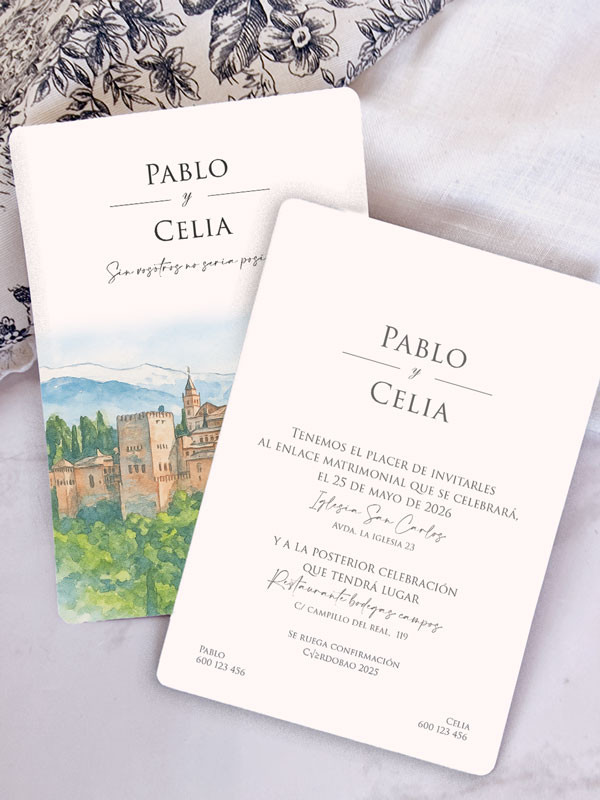 Invitación acuarela boda papel Alhambra