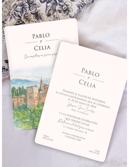 Invitación acuarela boda papel Alhambra