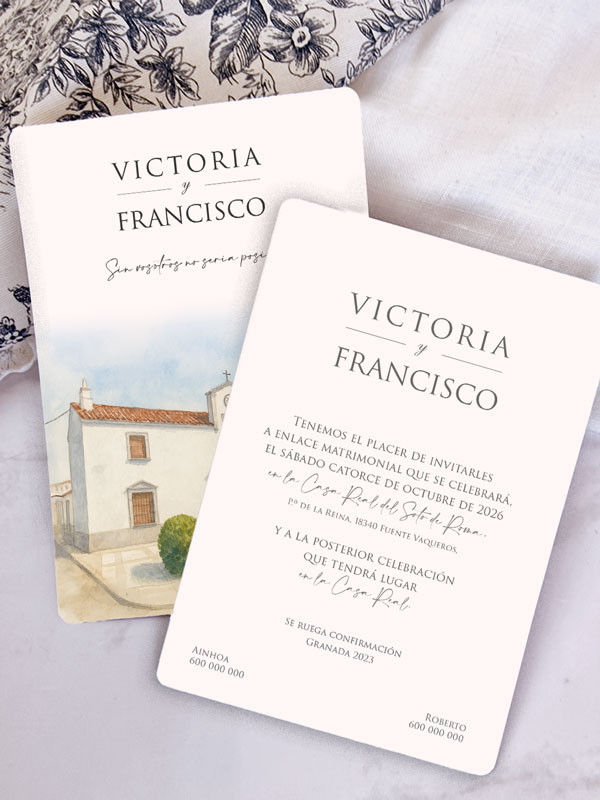 Invitación acuarela barata boda papel Ermita Virgen de Aguas Santas