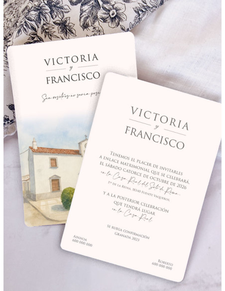 Invitación acuarela barata boda papel Ermita Virgen de Aguas Santas