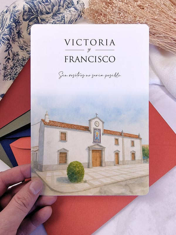 Invitación original boda papel Ermita Virgen de Aguas Santas