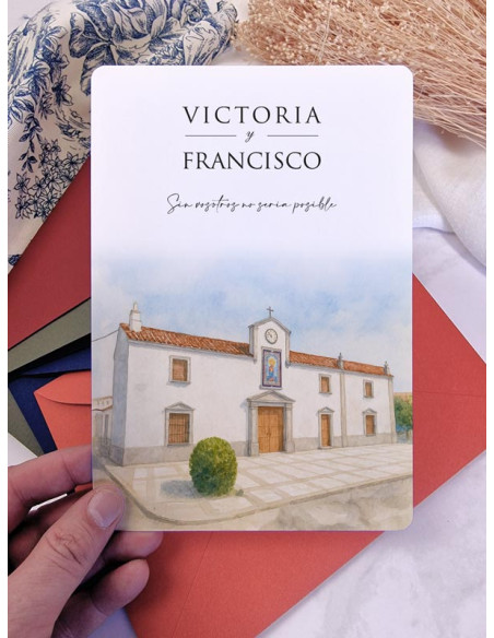 Invitación original boda papel Ermita Virgen de Aguas Santas