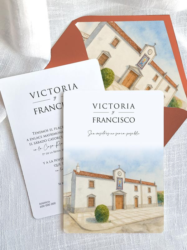 Invitación bonita boda papel Ermita Virgen de Aguas Santas
