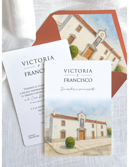 Invitación bonita boda papel Ermita Virgen de Aguas Santas