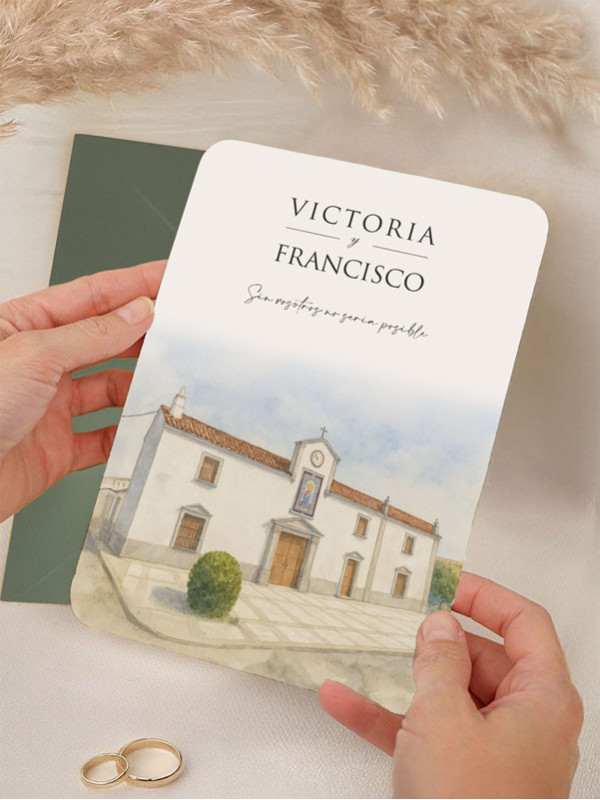 Invitación personalizada acuarela boda papel Ermita Virgen de Aguas Santas