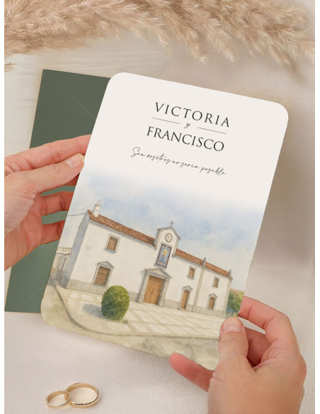 Invitación personalizada acuarela boda papel Ermita Virgen de Aguas Santas
