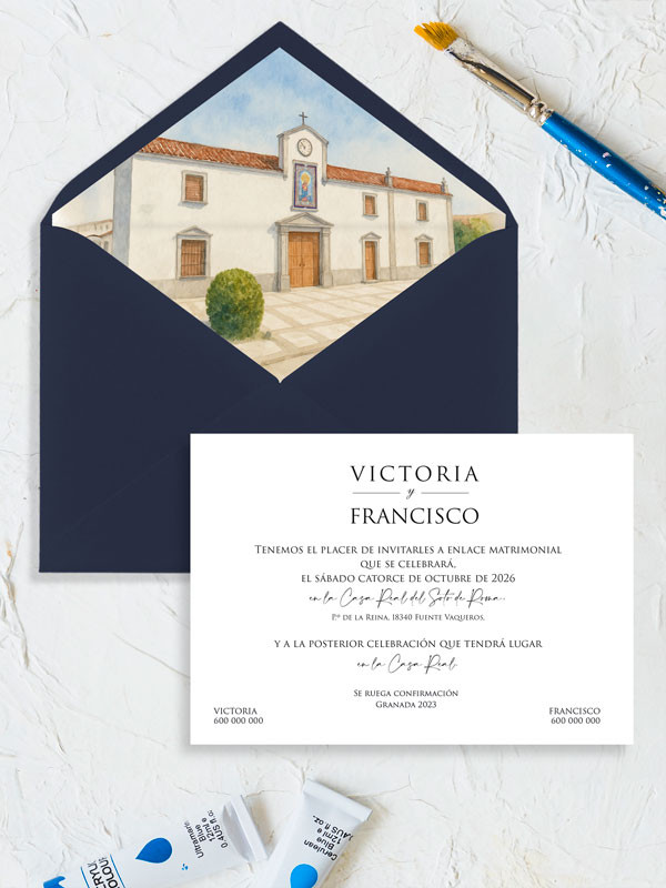 Invitación acuarela boda papel Ermita...