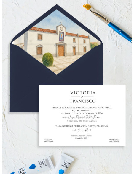 Invitación acuarela boda papel Ermita Virgen de Aguas Santas