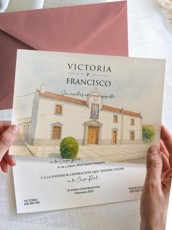 Invitación acuarela boda papel Ermita...