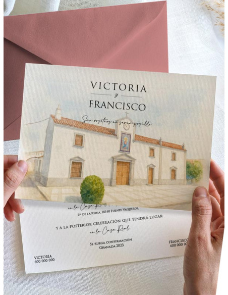 Invitación acuarela boda papel Ermita Virgen de Aguas Santas