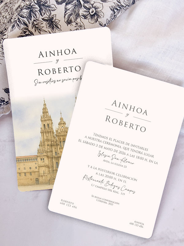 Invitación acuarela boda bonita papel Catedral de Santiago de Compostela