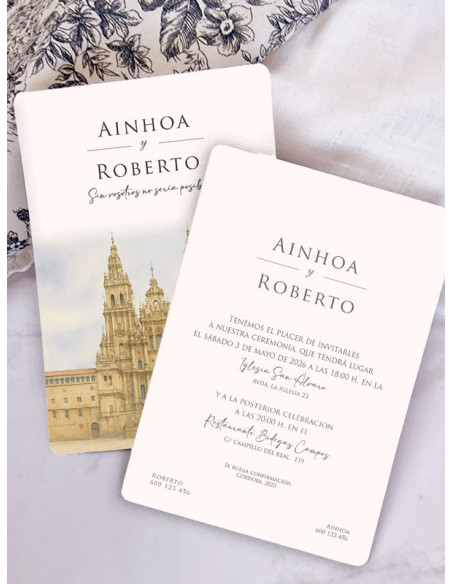 Invitación acuarela boda bonita papel Catedral de Santiago de Compostela