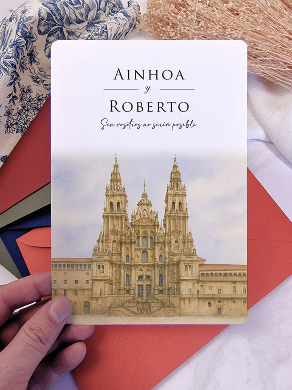 Invitación acuarela boda económica Catedral de Santiago de Compostela