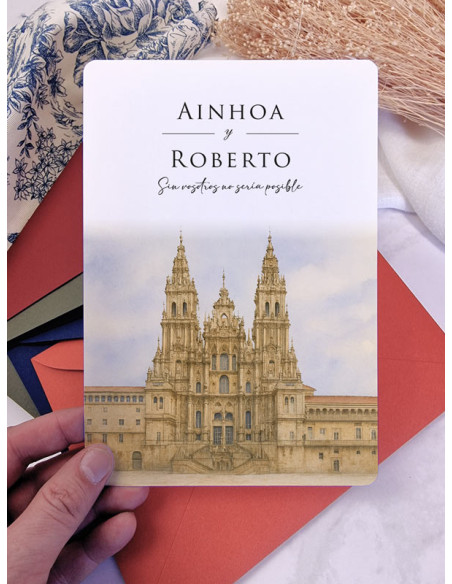 Invitación acuarela boda económica Catedral de Santiago de Compostela