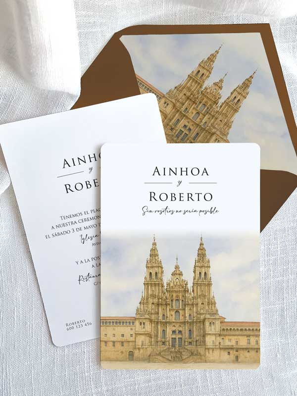 Invitación acuarela original boda papel Catedral de Santiago de Compostela