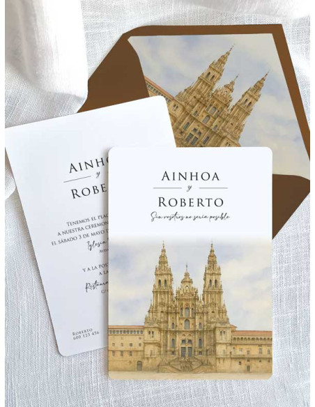 Invitación acuarela original boda papel Catedral de Santiago de Compostela