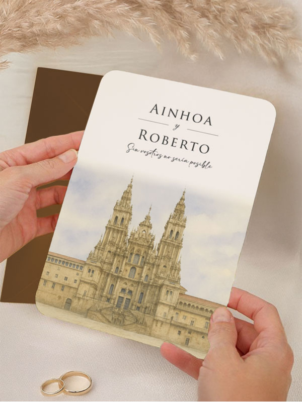 Invitación acuarela boda papel personalizada Catedral de Santiago de Compostela