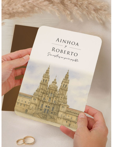 Invitación acuarela boda papel personalizada Catedral de Santiago de Compostela