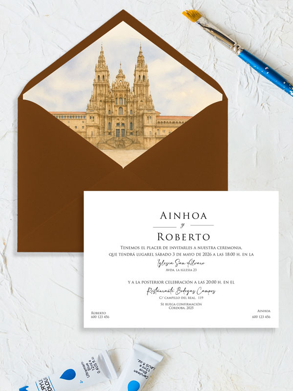 Invitación acuarela boda papel...