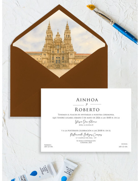Invitación acuarela boda papel Catedral de Santiago de Compostela