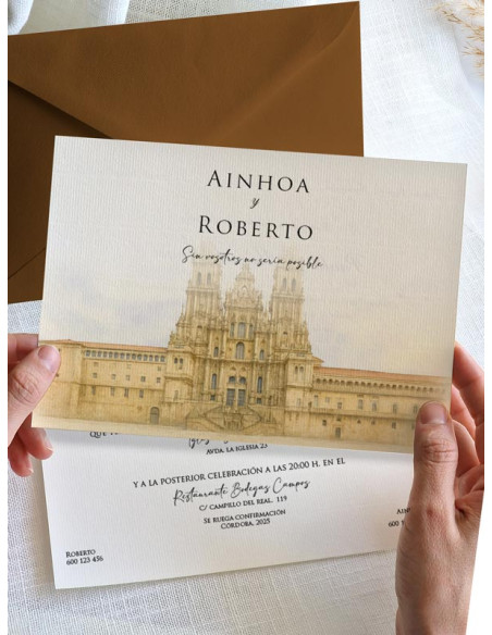 Invitación acuarela boda papel Catedral de Santiago de Compostela