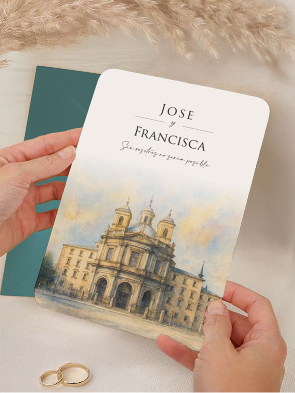 Invitación original acuarela boda papel Real Basílica de San Francisco El Grande, Madrid